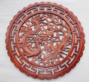 东阳木雕风水辟邪中式挂饰樟木雕挂件背景墙画扇形龙凤呈祥