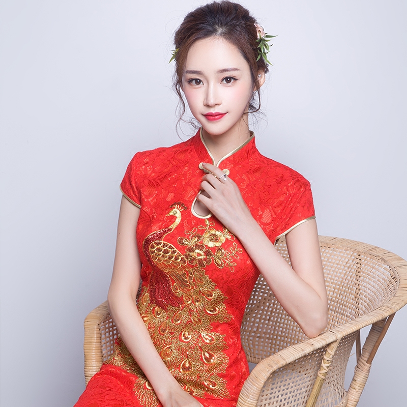 敬酒服新娘2016新款中袖结婚礼服女复古改良中式红色旗袍短款秋冬