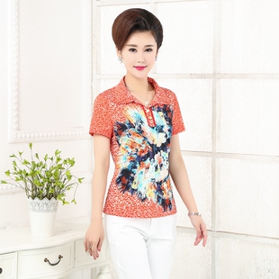今品牌折扣中年女装夏装短袖上衣妈妈装中老年翻领修身t恤红点花