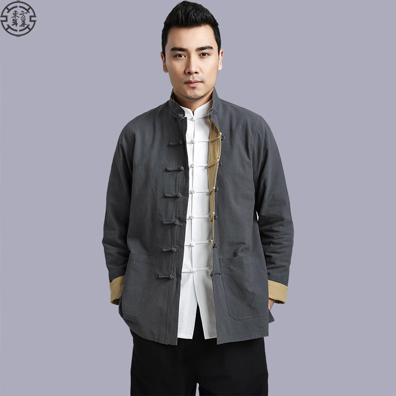 新款 民族复古中国风连袖唐装男 修身青年中式服装男外套2229灰
