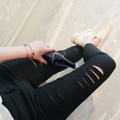 2016新款破洞白色牛仔裤女小脚长裤韩版显瘦外穿打低裤九分铅笔裤