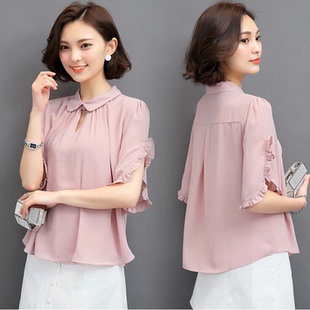 雪纺衫短袖女装新款夏季韩版宽松大码娃娃领打底衫荷叶边纯色上衣