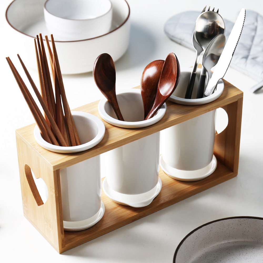 半房杂货 三位陶瓷筷子筒筷子笼防霉沥水架多功能筷子勺叉收纳架