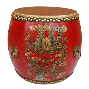 多件实木牛皮鼓凳家具圆凳换鞋凳古典仿旧梳妆凳浮雕立体彩绘鼓凳