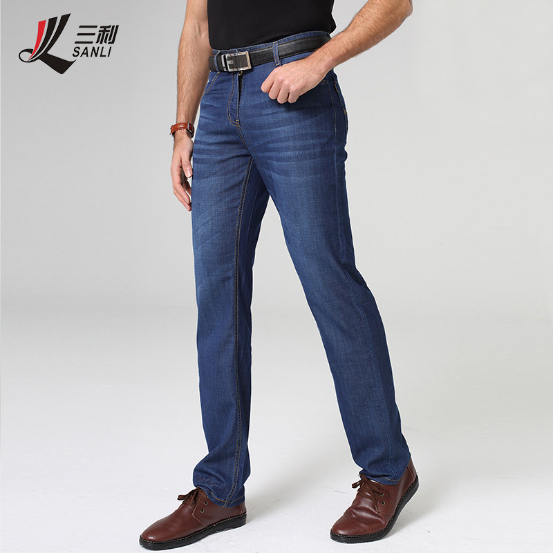 三利男装2016新款中年牛仔裤男薄款中腰直筒休闲男裤宽松牛仔裤