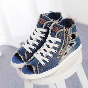 名将 侧拉链破洞牛仔布厚底高帮鱼嘴帆布鞋 m.general名将布鞋