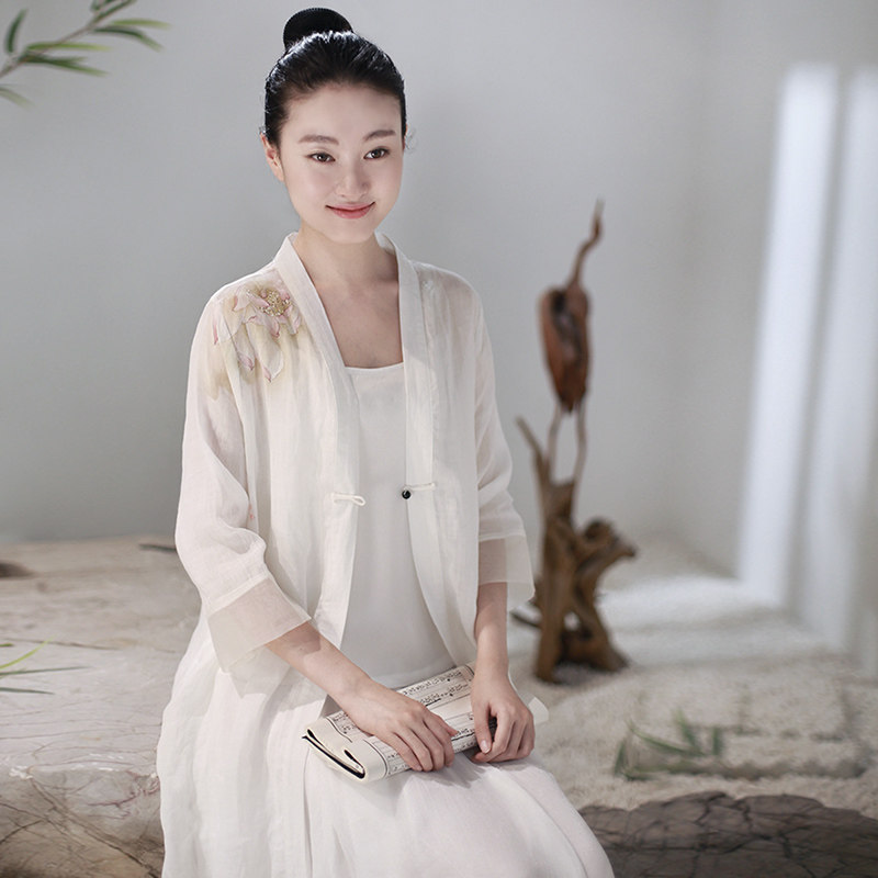 佛笑缘之宛在水中央 精细手绘苎麻 披肩汉服 罩衫外搭配