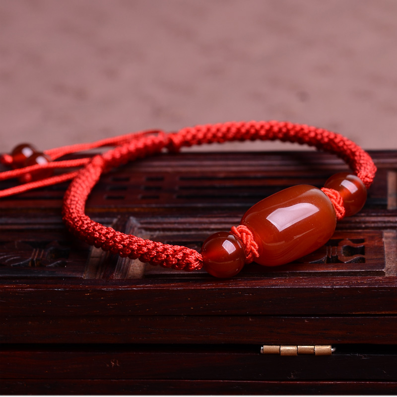 正品红玛瑙手链 女属鸡本命年红绳子手链转运珠情侣手链男女刻字