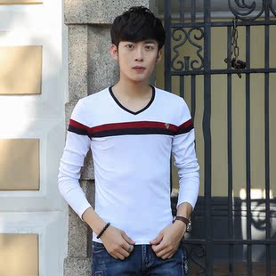 秋季青年纯棉长袖t恤男士v领修身打底衫体恤秋冬款潮流男装