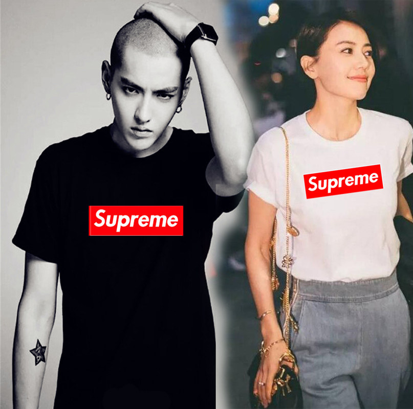 夏装经典字母supreme情侣款纯棉半袖女简约短袖t恤欧美休闲班服潮