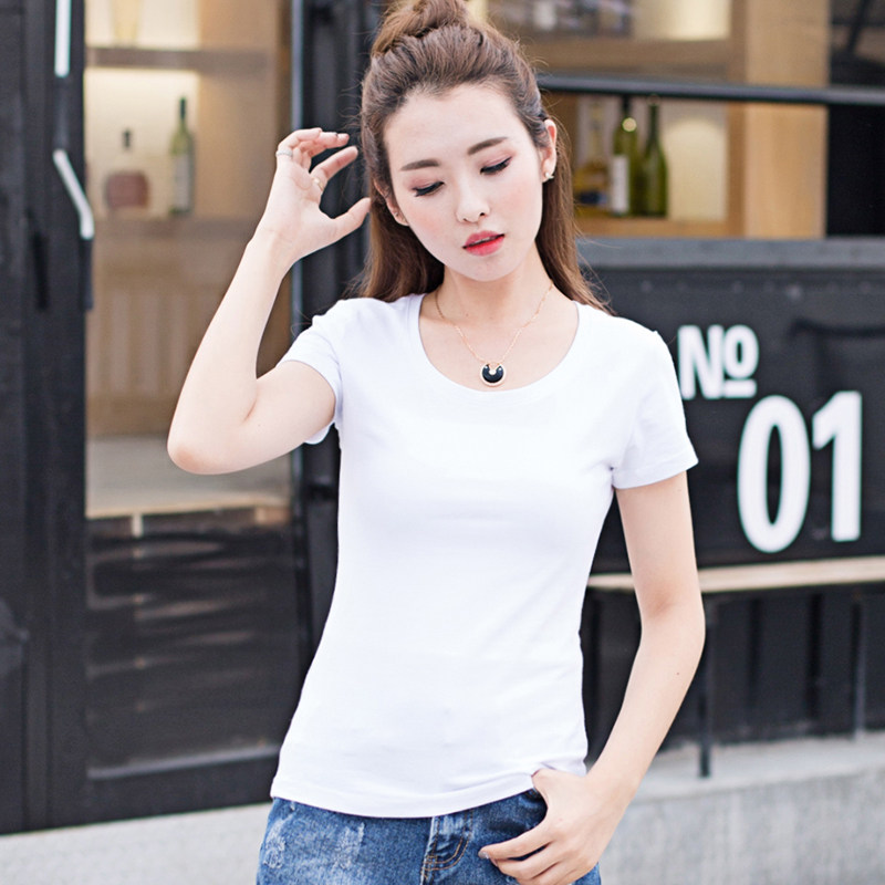 纯色紧身v领白色短袖t恤女短款百搭修身显瘦休闲女装上衣半袖夏季