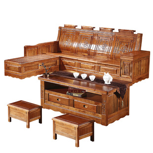 实木沙发转角组合香樟木沙发贵妃客厅仿红木中式家具木质沙发仿古