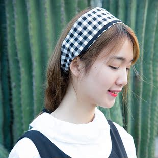 发带2017日系原创手作发带 复古宽版一片式弹力棉潮 清新甜美黑白格子