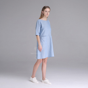 2016原创女装初心春夏新款棉麻亚麻圆领宽松口袋设计简洁连衣裙