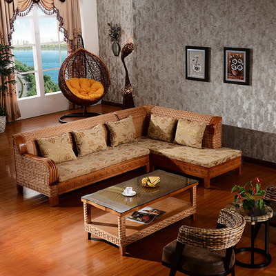 包邮客厅藤沙发组合三人位竹藤沙发贵妃椅印尼粗藤茶几藤木家具