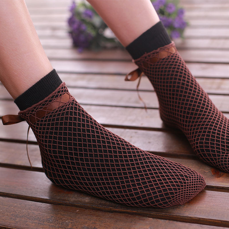 日系原创个性双层袜棉网袜森系复古文艺棉袜蝴蝶结洛丽塔绑带袜子
