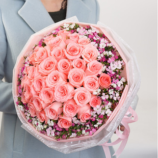 营口市鲅鱼圈区平安夜圣诞节鲜花速递同城送花店33朵粉玫瑰花束