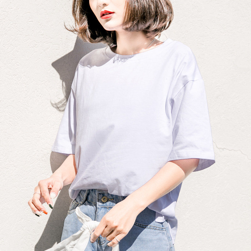孜索2017女装白色t恤学生宽松纯色中袖上衣女夏半袖纯棉纯白短袖