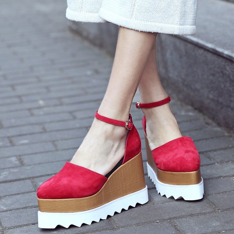 真皮坡跟凉鞋女尖头包头包跟厚底松糕拼色防水台10cm磨砂皮高跟鞋