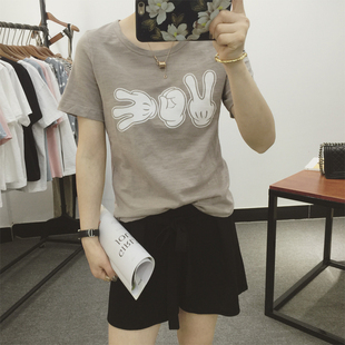 t恤 简约个性圆领剪刀石头布印花棉短袖女t恤 细米家.独家定制韩货