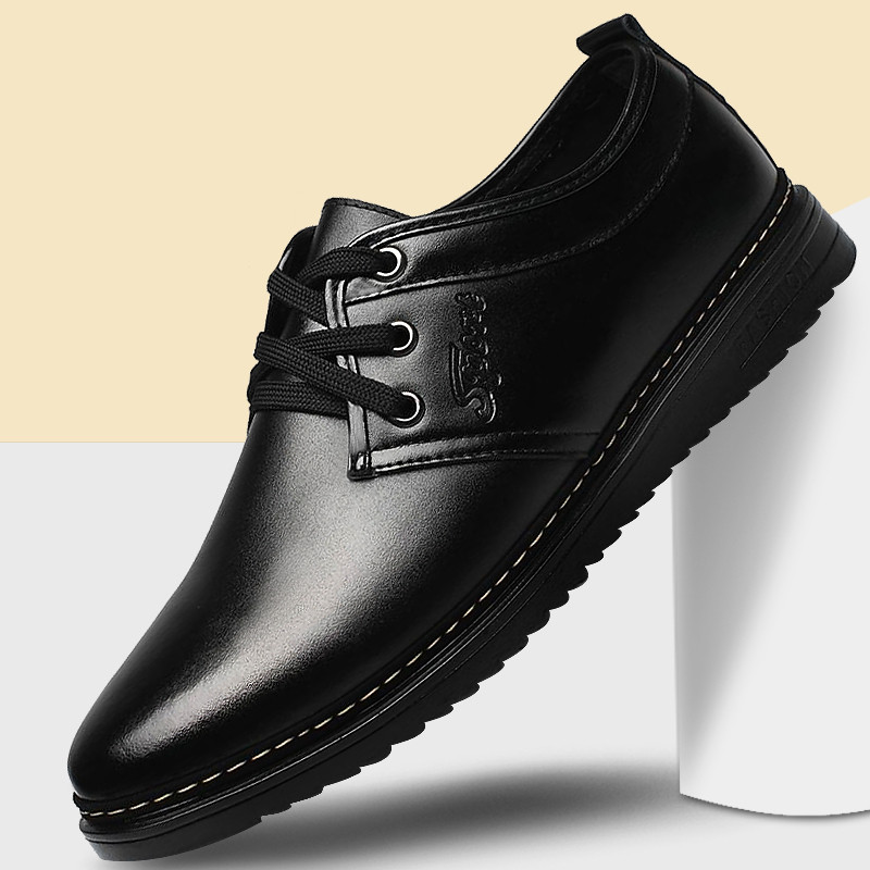 秋季商务皮鞋全黑男士休闲鞋爸爸鞋中年男鞋防滑加棉保暖大码男鞋