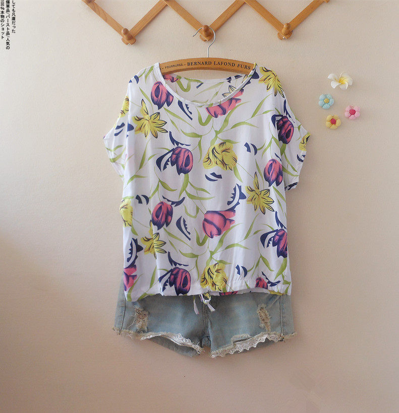 包邮2017夏装新款印花宽松人造棉上衣蝙蝠袖棉绸碎花短袖衬衫女