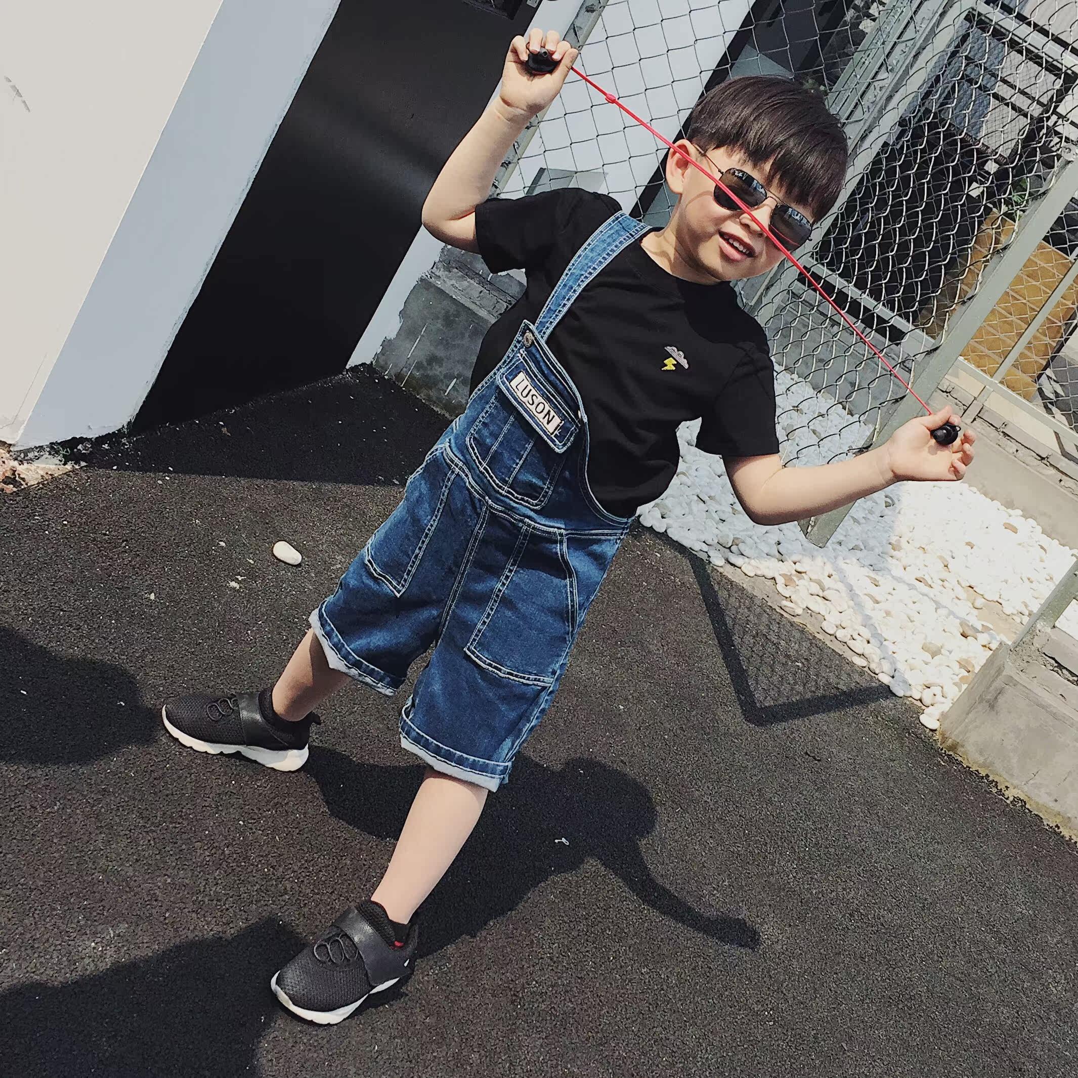 luson 男童装背带短裤2017春夏新款时尚休闲男童牛仔背带裤短裤潮