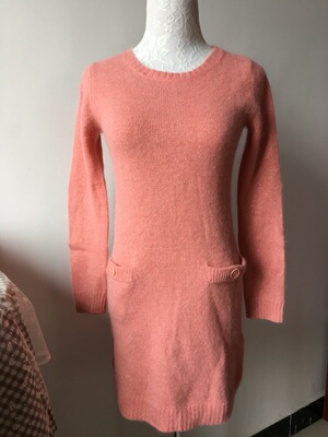 出口单 新款纯色系肉粉色圆领安哥拉兔毛复古套头毛衣连衣裙