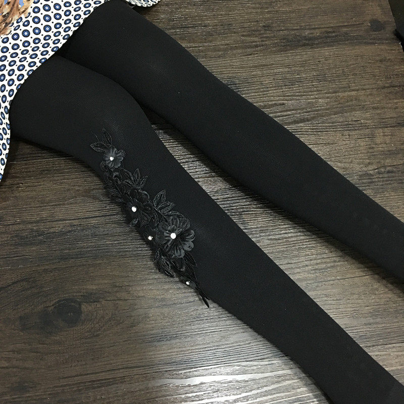 亚纪子女袜蕾丝刺绣花朵袜子女烫钻丝袜连裤袜微压力踩脚打底袜