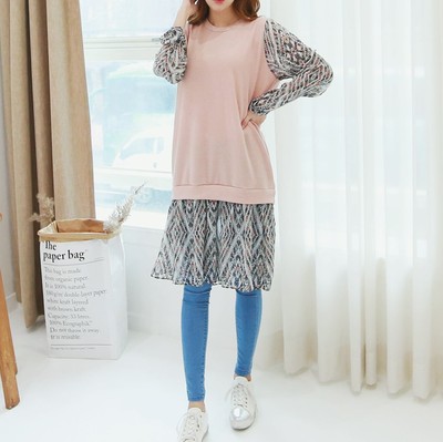 韩国代购复古黑粉撞色碎花毛织雪纺拼接长袖宽松大码显瘦连衣裙春