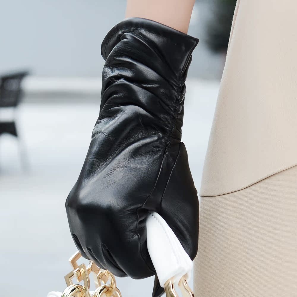 罗欧蒂斯 进口羊皮手套 冬季加厚保暖皮手套 女士中长款真皮手套