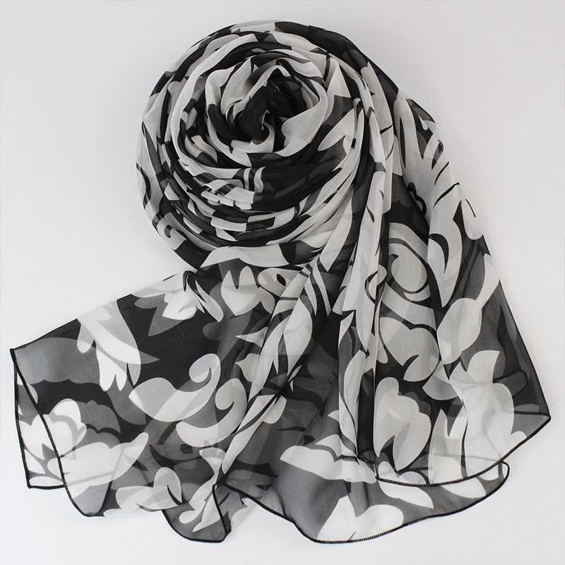 berryear黑白色真丝丝巾女春秋百搭长款桑蚕丝围巾纱巾披肩女夏季