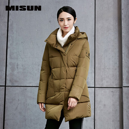 misun/米尚秋冬新款大口袋欧美连帽保暖加厚中长款羽绒服女装外套_7折