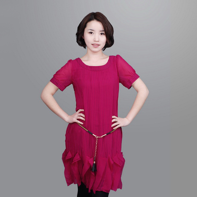 特价 卓拉 夏装正品圆领短袖木耳边百褶真丝雪纺连衣裙01402