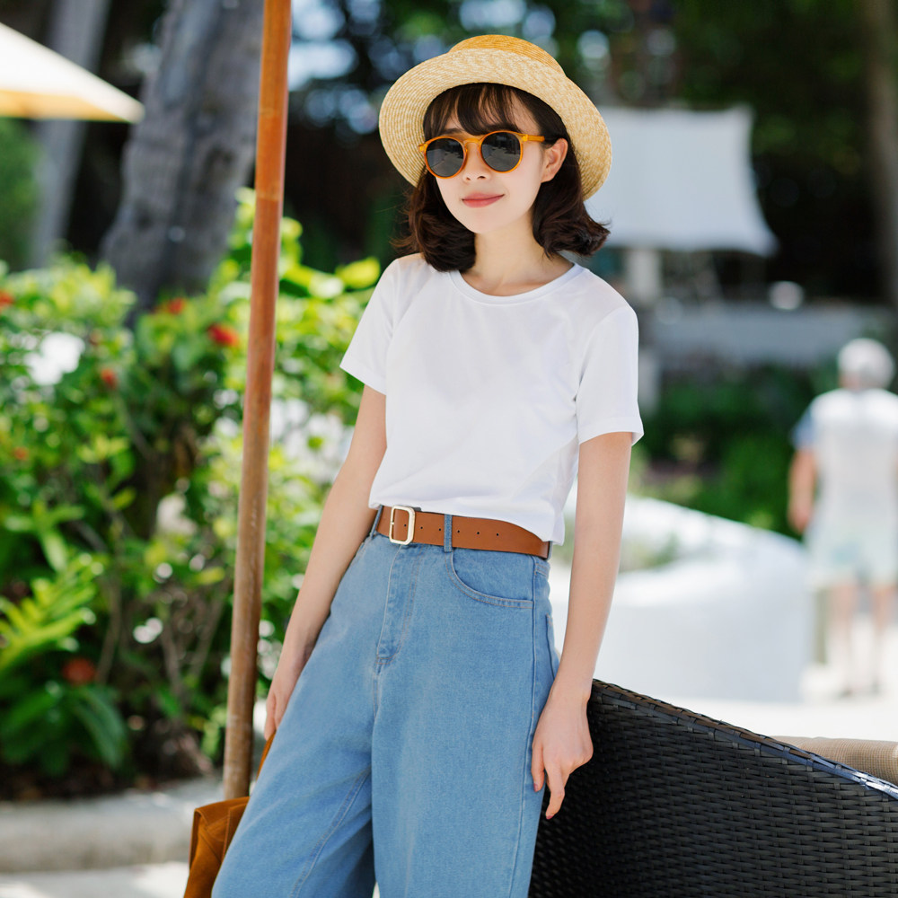 沫里 夏款休闲百搭纯棉短袖白色t恤衫女 圆领基本款宽松打底上衣