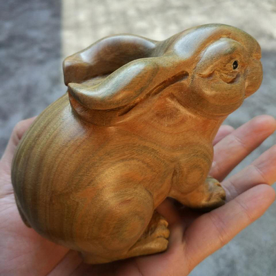 绿檀木雕百乐圣檀木雕工艺品风水摆件:大兔子 大胖兔子 生肖兔