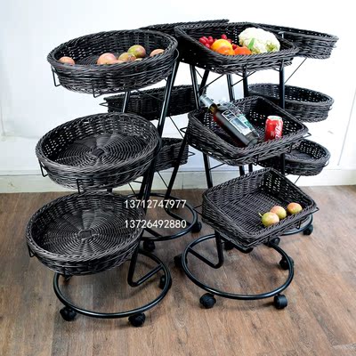超市陈列架仿藤编水果筐蔬菜展示筐多层置物架三层水果架移动包邮