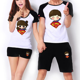 超人情侣装男女夏季纯棉情侣套装潮修身短袖t恤套装沙滩套装 翼踏