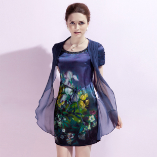 七彩光夏季女装假两件套真丝连衣裙短袖大码桑蚕丝印花串珠连衣裙