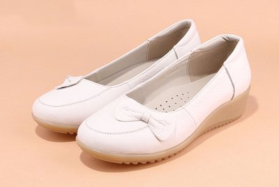 南丁格尔真皮护士鞋 白色坡跟纯牛皮美容鞋单鞋妈妈鞋 女工作鞋