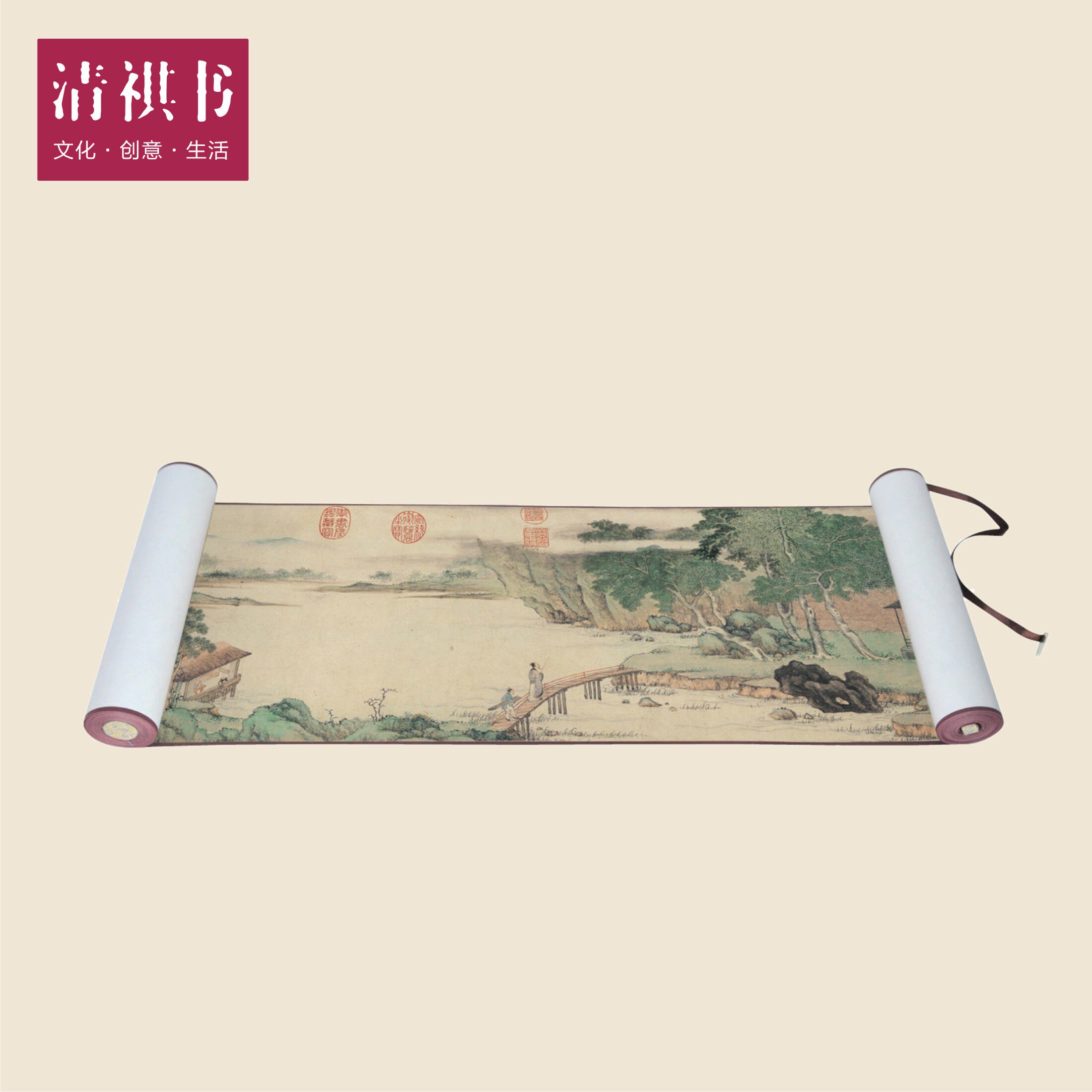 清祺书 仿真画丝绸卷轴 携琴访友图 印刷中国画 礼品装饰字画