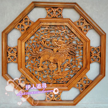 镇宅辟邪招财麒麟中式实木挂件居家背景墙装饰挂件东阳木雕包邮