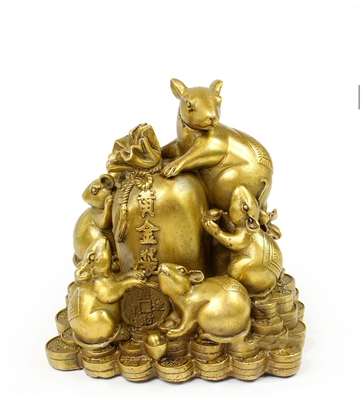 开光风水精工纯铜老鼠摆件 铜五鼠运财铜金钱鼠黄金袋鼠招财聚财