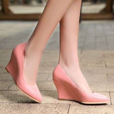 早春真皮百搭坡跟全皮牛皮粉色女士单鞋 通勤ol工作职业鞋高跟鞋