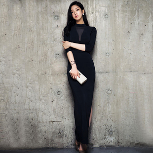 2016秋装新款性感低v领网纱蕾丝镂空透视连衣裙长礼服裙女装