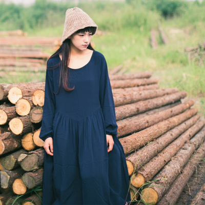 安小落 秋季 棉质柔软复古长袖大摆连衣裙 森系文艺连衣裙