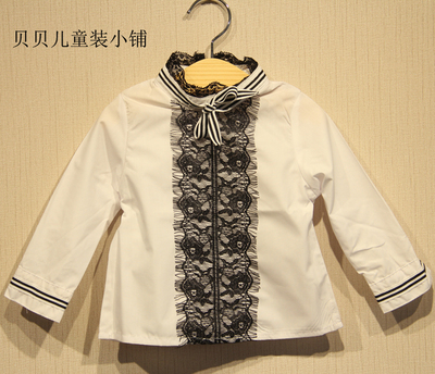 [夏末清仓] 糖果屋2015春装新款韩版女童装儿童衬衣黑色蕾丝花边衬衫
