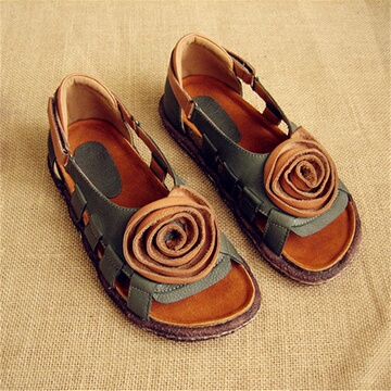 纯手工缝制头层牛皮手工女鞋森女真皮复古鱼嘴镂空露趾皮凉鞋平底