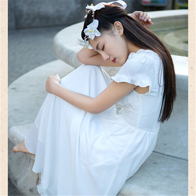 特价] 2015夏装新款收腰修身蕾丝拼接雪纺大摆短袖连衣裙白色仙女长裙