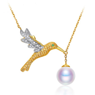 金闪钻正品18k黄金蜂鸟钻石项链 白金强光akoya珍珠钻石吊坠